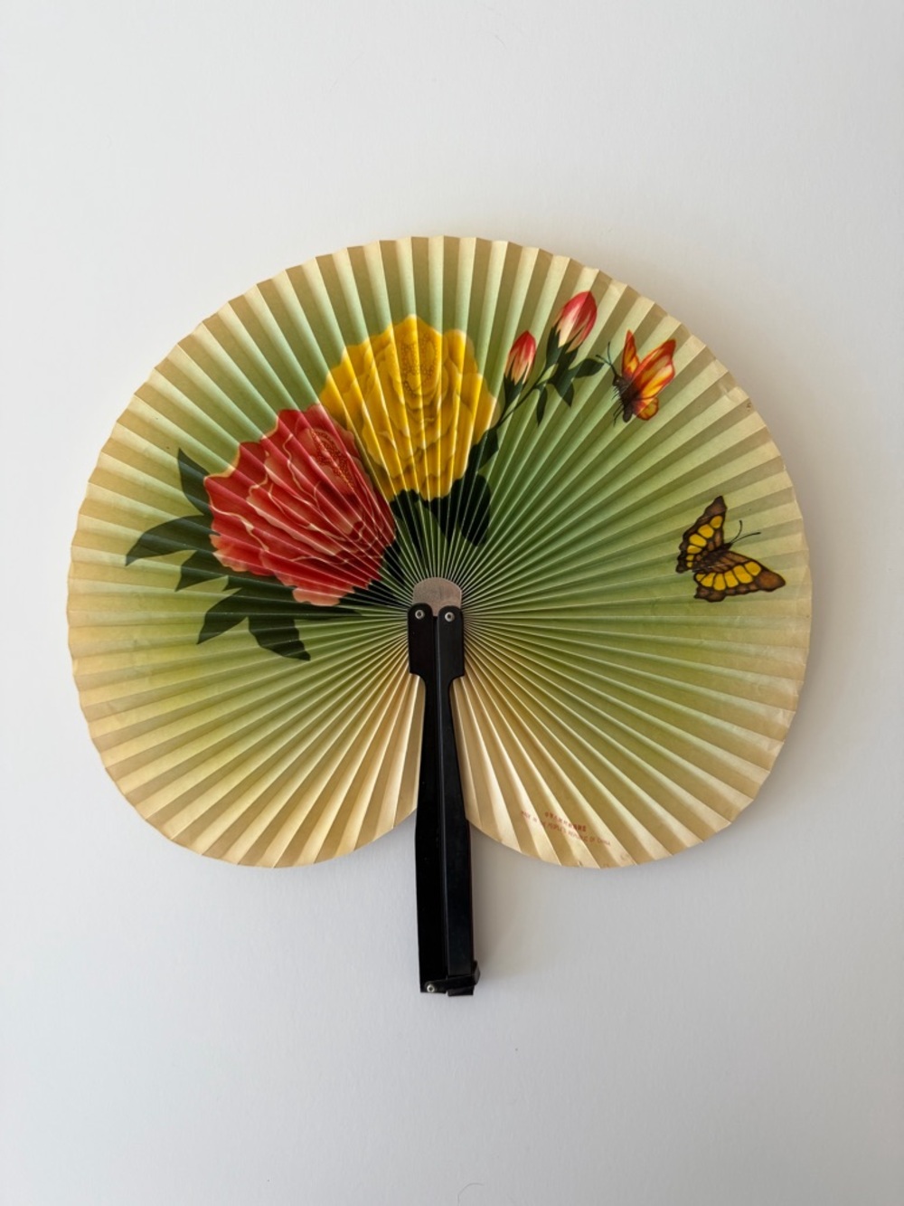 Vintage Handheld Paper Fan with Floral & Butterfly Design - Green, Yellow, Red